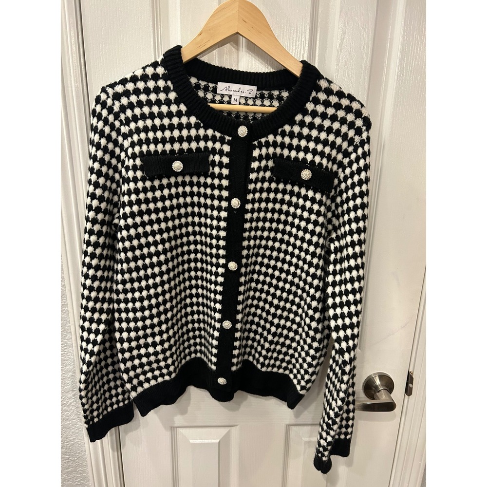 Alexander Z Cardigan Black White Diamond Pearl Button‎ Knit Preppy Sweater